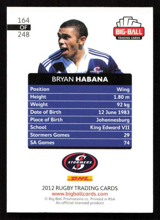 Big Ball 2012 Rugby Trading Card Card 164/248 Bryan Habana