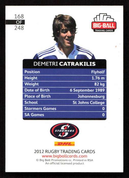Big Ball 2012 Rugby Trading Card Card 168/248 Demetri Catrakilis