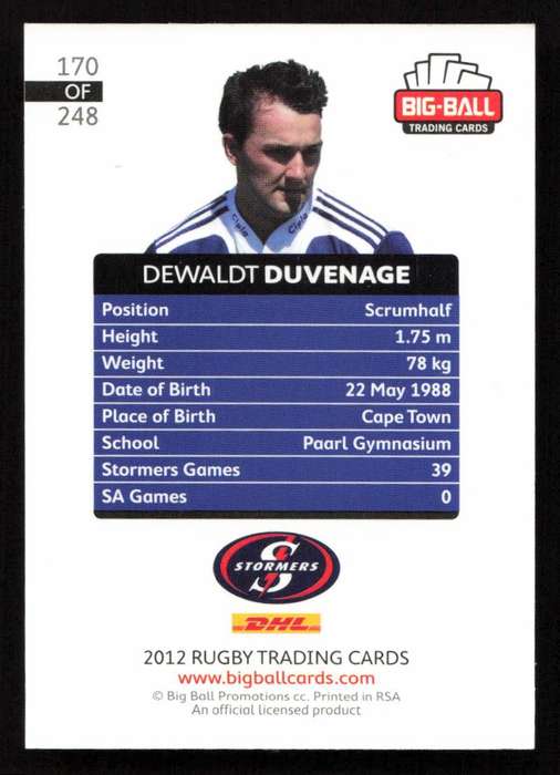 Big Ball 2012 Rugby Trading Card Card 170/248 Dewaldt Duvenage