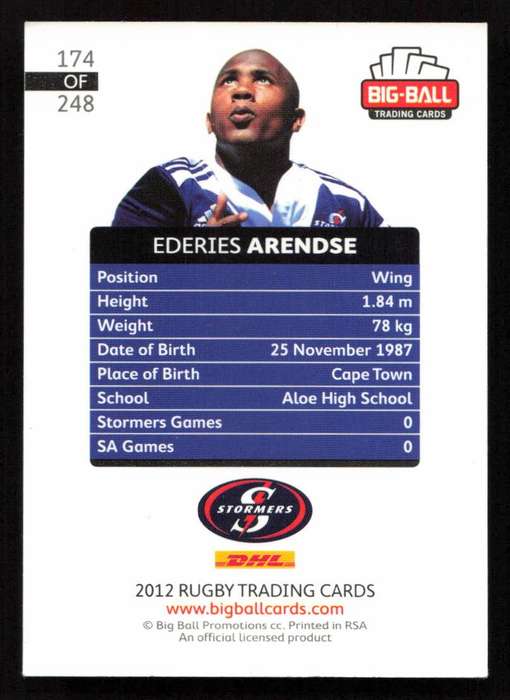 Big Ball 2012 Rugby Trading Card Card 174/248 Ederies Arendse