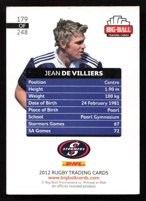Big Ball 2012 Rugby Trading Card Card 179/248 Jean de Villiers