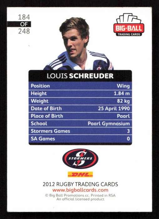 Big Ball 2012 Rugby Trading Card Card 184/248 Louis Schreuder