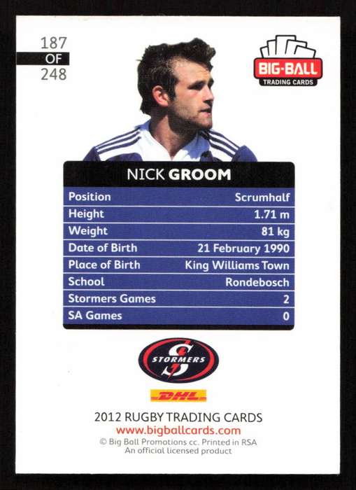 Big Ball 2012 Rugby Trading Card Card 187/248 Nick Groom