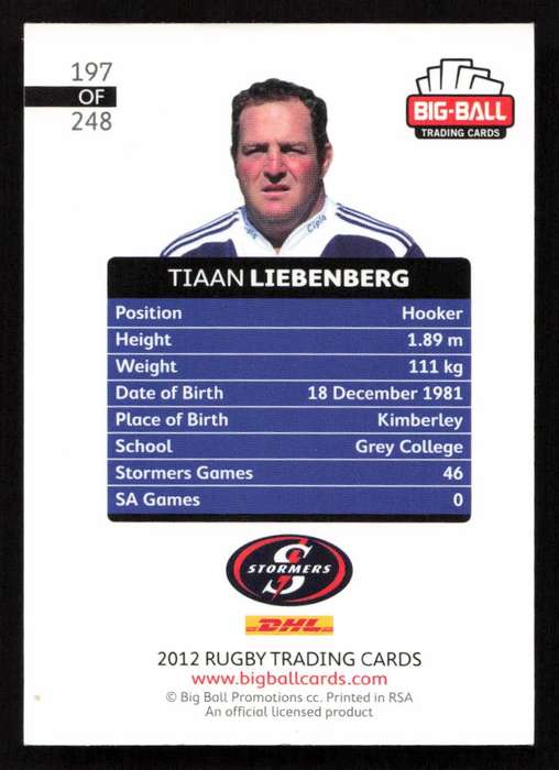 Big Ball 2012 Rugby Trading Card Card 197/248 Tiaan Liebenberg