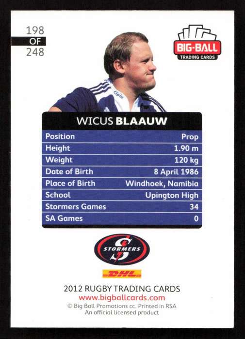 Big Ball 2012 Rugby Trading Card Card 198/248 Wicus Blaauw