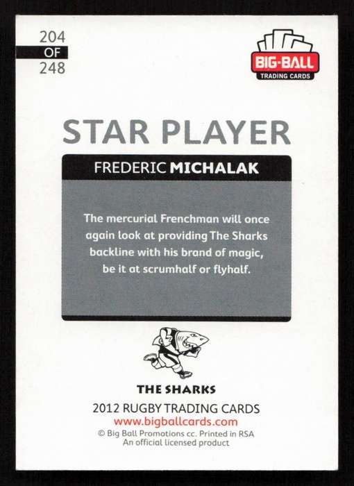Big Ball 2012 Rugby Trading Card Card 204/248 Frederic Michalak