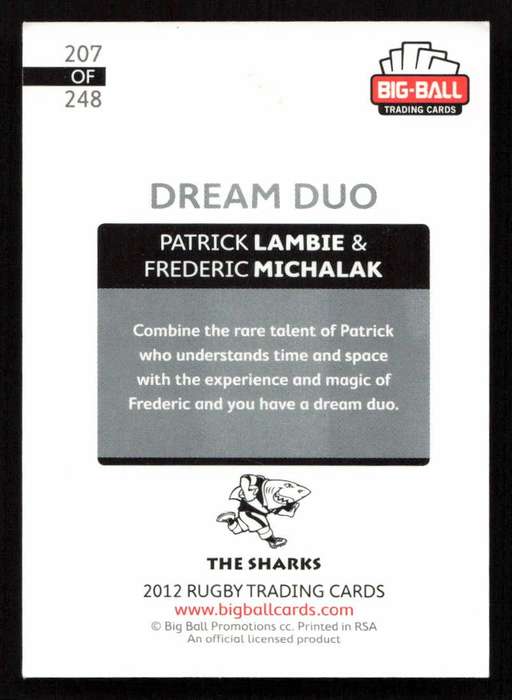 Big Ball 2012 Rugby Trading Card Card 207/248 Patrick Lambie & Frederic Michalak
