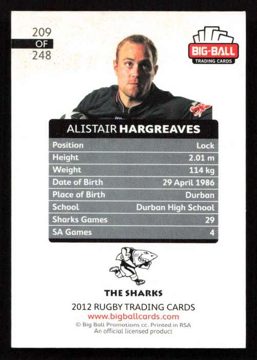 Big Ball 2012 Rugby Trading Card Card 209/248 Alistair Hargreaves