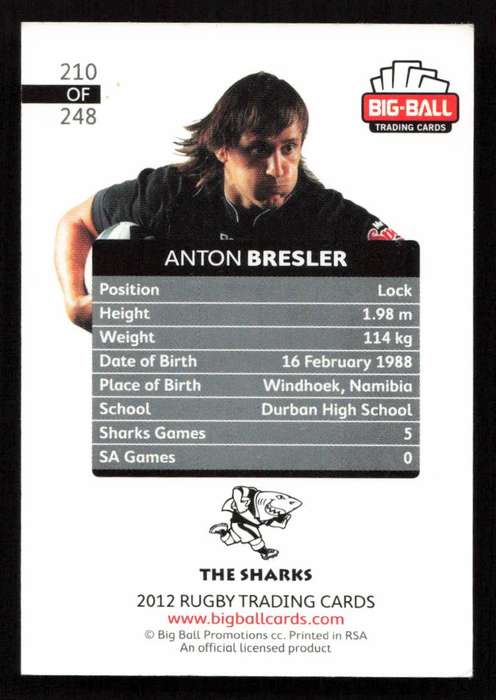 Big Ball 2012 Rugby Trading Card Card 210/248 Anton Bresler