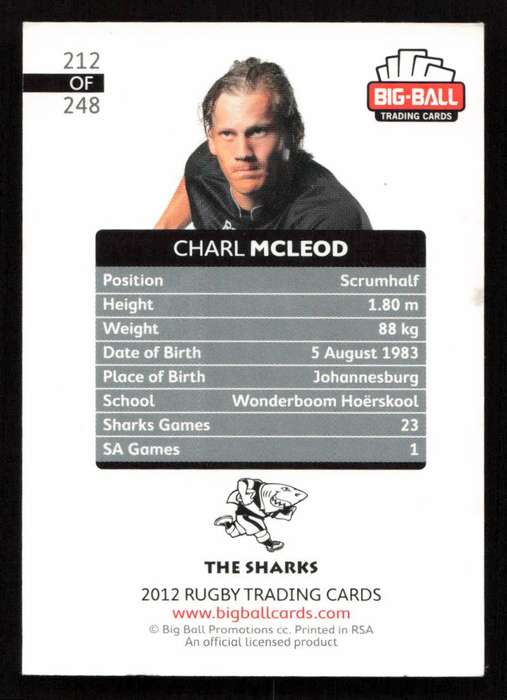 Big Ball 2012 Rugby Trading Card Card 212/248 Charl Mcleod