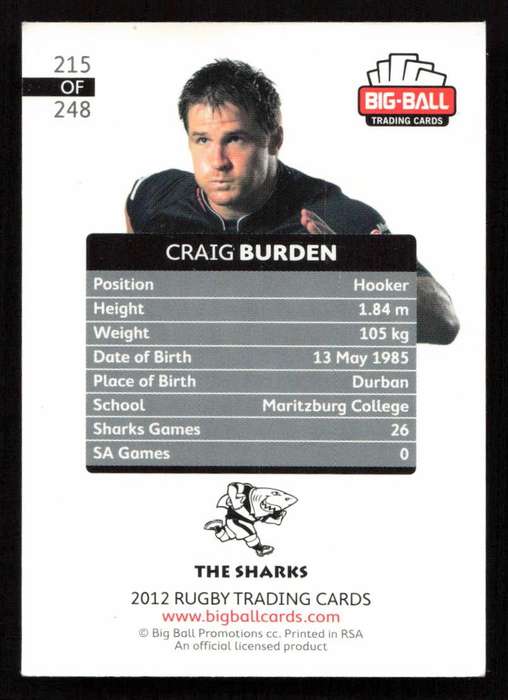 Big Ball 2012 Rugby Trading Card Card 215/248 Craig Burden