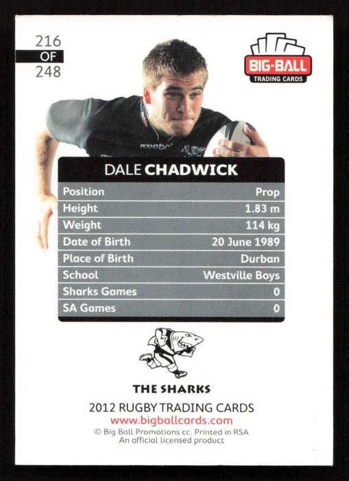 Big Ball 2012 Rugby Trading Card Card 216/248 Dale Chadwick