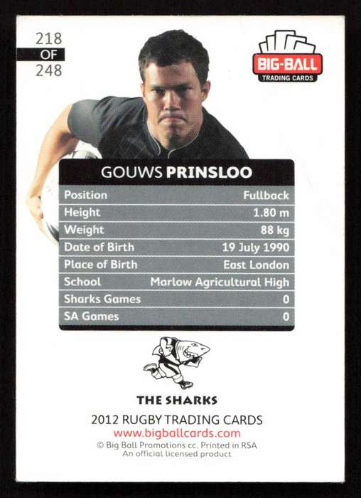 Big Ball 2012 Rugby Trading Card Card 218/248 Gouws Prinsloo