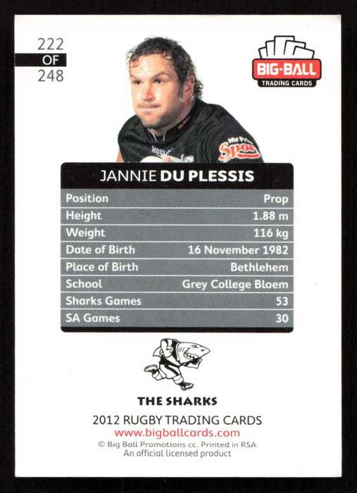 Big Ball 2012 Rugby Trading Card Card 222/248 Jannie du Plessis