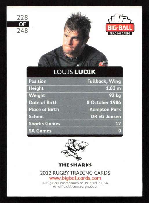 Big Ball 2012 Rugby Trading Card Card 228/248 Louis Ludik