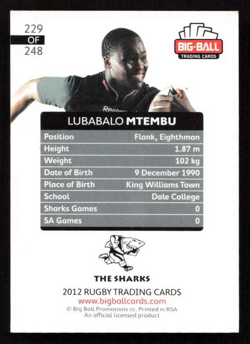 Big Ball 2012 Rugby Trading Card Card 229/248 Lubabalo Mtembu