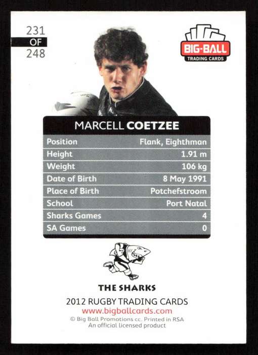 Big Ball 2012 Rugby Trading Card Card 231/248 Marcell Coetzee
