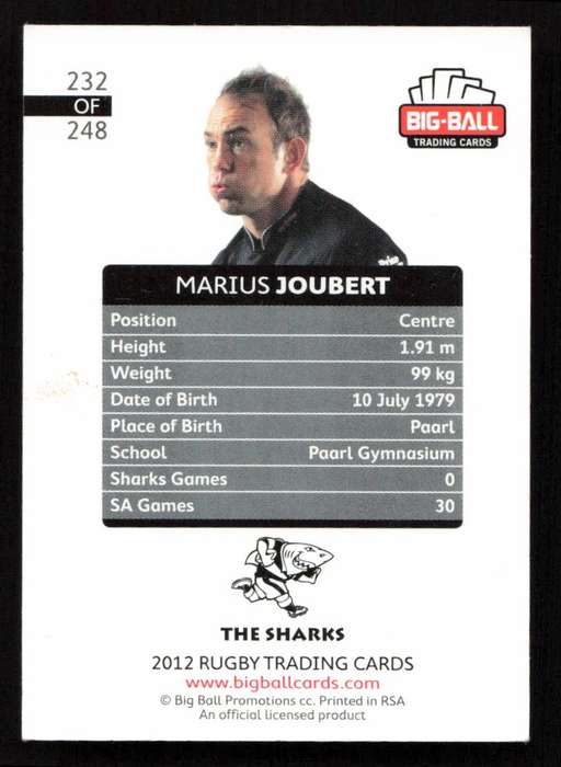 Big Ball 2012 Rugby Trading Card Card 232/248 Marius Joubert