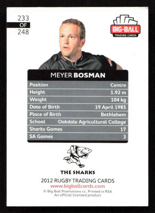 Big Ball 2012 Rugby Trading Card Card 233/248 Meyer Bosman