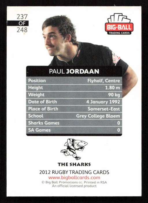 Big Ball 2012 Rugby Trading Card Card 237/248 Paul Jordaan