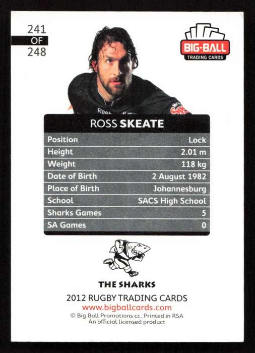 Big Ball 2012 Rugby Trading Card Card 241/248 Ross Skeate