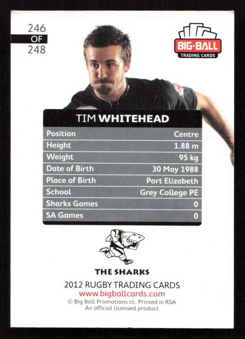 Big Ball 2012 Rugby Trading Card Card 246/248 Tim Whitehead