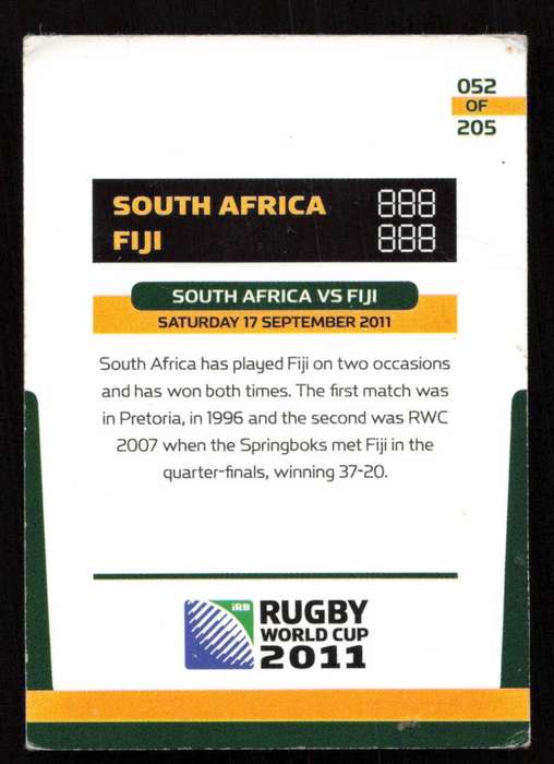 Rugby World Cup 2011 - Card 052/205 - South Africa VS Fiji