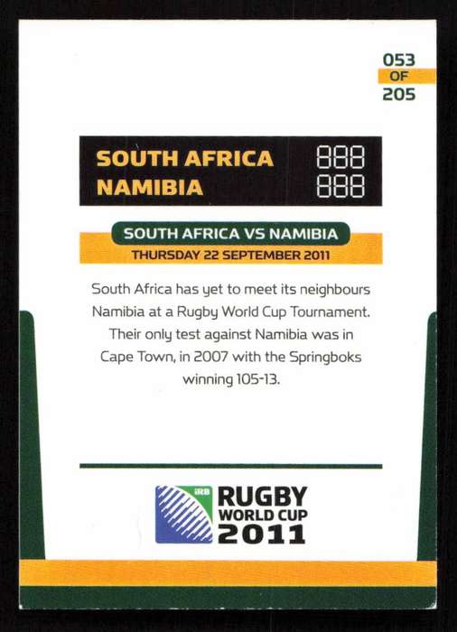 Rugby World Cup 2011 - Card 053/205 - South Africa VS Namibia