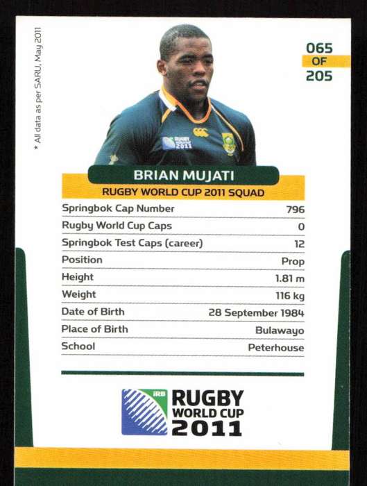 Rugby World Cup 2011 - Card 065/205 - Brian Mujati