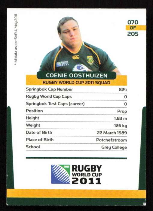 Rugby World Cup 2011 - Card 070/205 - Coenie Oosthuizen