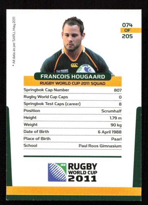 Rugby World Cup 2011 - Card 074/205 - Francois Hougaard