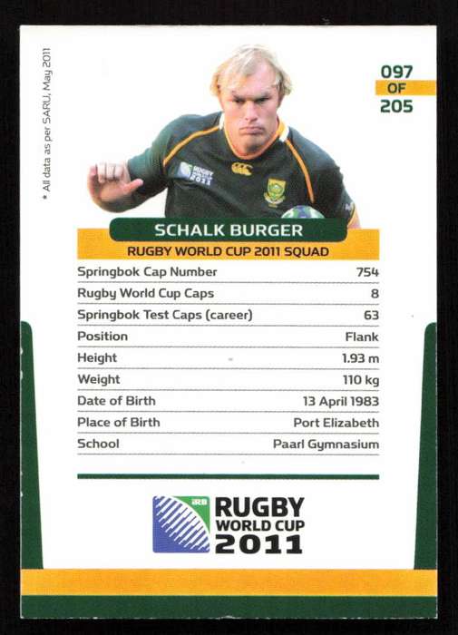 Rugby World Cup 2011 - Card 097/205 - Schalk Burger