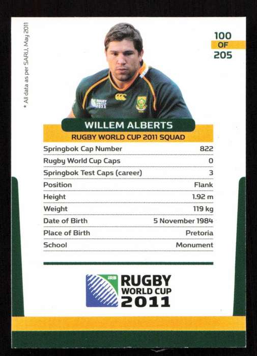 Rugby World Cup 2011 - Card 100/205 - Willem Alberts