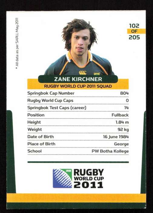 Rugby World Cup 2011 - Card 102/205 - Zane Kirchner