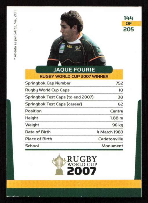 Rugby World Cup 2007 - Card 144/205 - Jaque Fourie