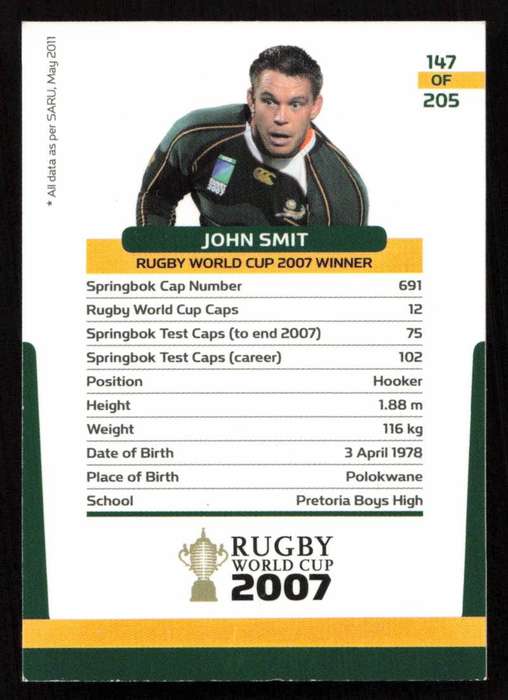 Rugby World Cup 2007 - Card 147/205 - John Smit