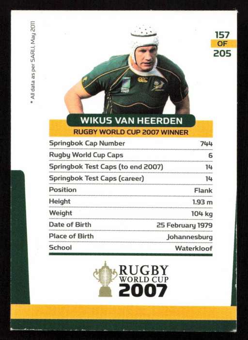 Rugby World Cup 2007 - Card 157/205 - Wickus van Heerden