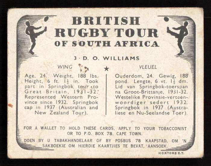 United Tobacco 1938 British Rugby Tour Cigarette Card 3 D. O. Williams
