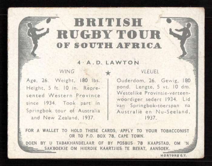 United Tobacco 1938 British Rugby Tour Cigarette Card 4 A. D. Lawton