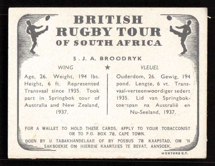 United Tobacco 1938 British Rugby Tour Cigarette Card 5 J. A. Broodryk