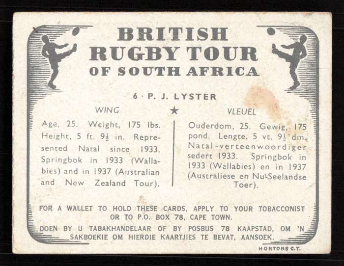 United Tobacco 1938 British Rugby Tour Cigarette Card 6 P. J. Lyster