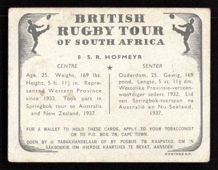 United Tobacco 1938 British Rugby Tour Cigarette Card 8 S. R. Hofmeyr