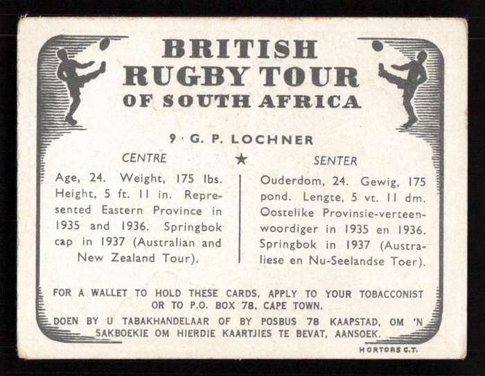 United Tobacco 1938 British Rugby Tour Cigarette Card 9 G. P. Lochner