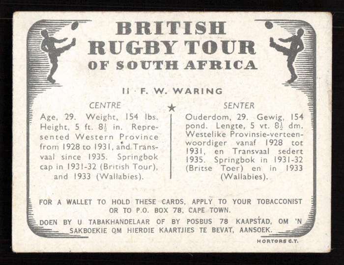 United Tobacco 1938 British Rugby Tour Cigarette Card 11 F. W. Waring
