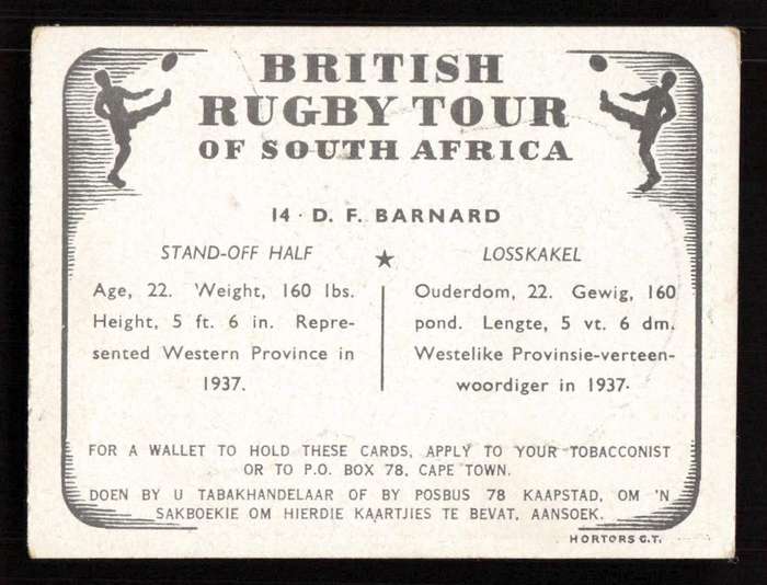 United Tobacco 1938 British Rugby Tour Cigarette Card 14 D. F. Barnard