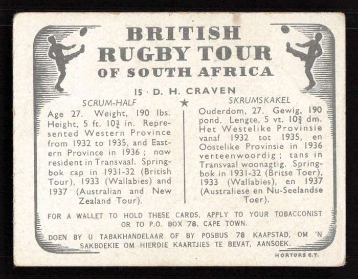 United Tobacco 1938 British Rugby Tour Cigarette Card 15 D. H. Craven