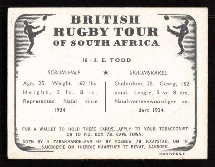 United Tobacco 1938 British Rugby Tour Cigarette Card 16 J. E. Todd