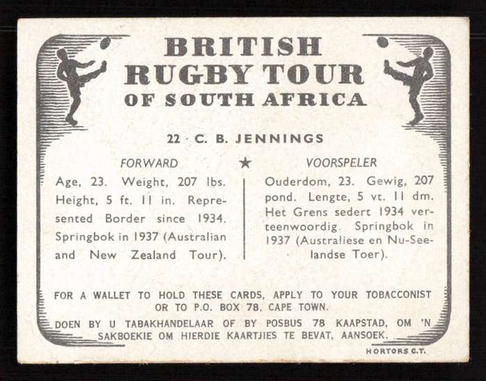 United Tobacco 1938 British Rugby Tour Cigarette Card 22 C. B. Jennings