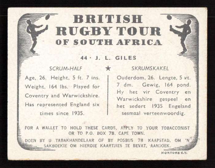 United Tobacco 1938 British Rugby Tour Cigarette Card 44 J.L. Giles