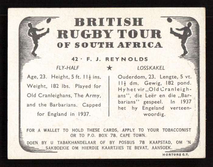 United Tobacco 1938 British Rugby Tour Cigarette Card 42 F. J. Reynolds